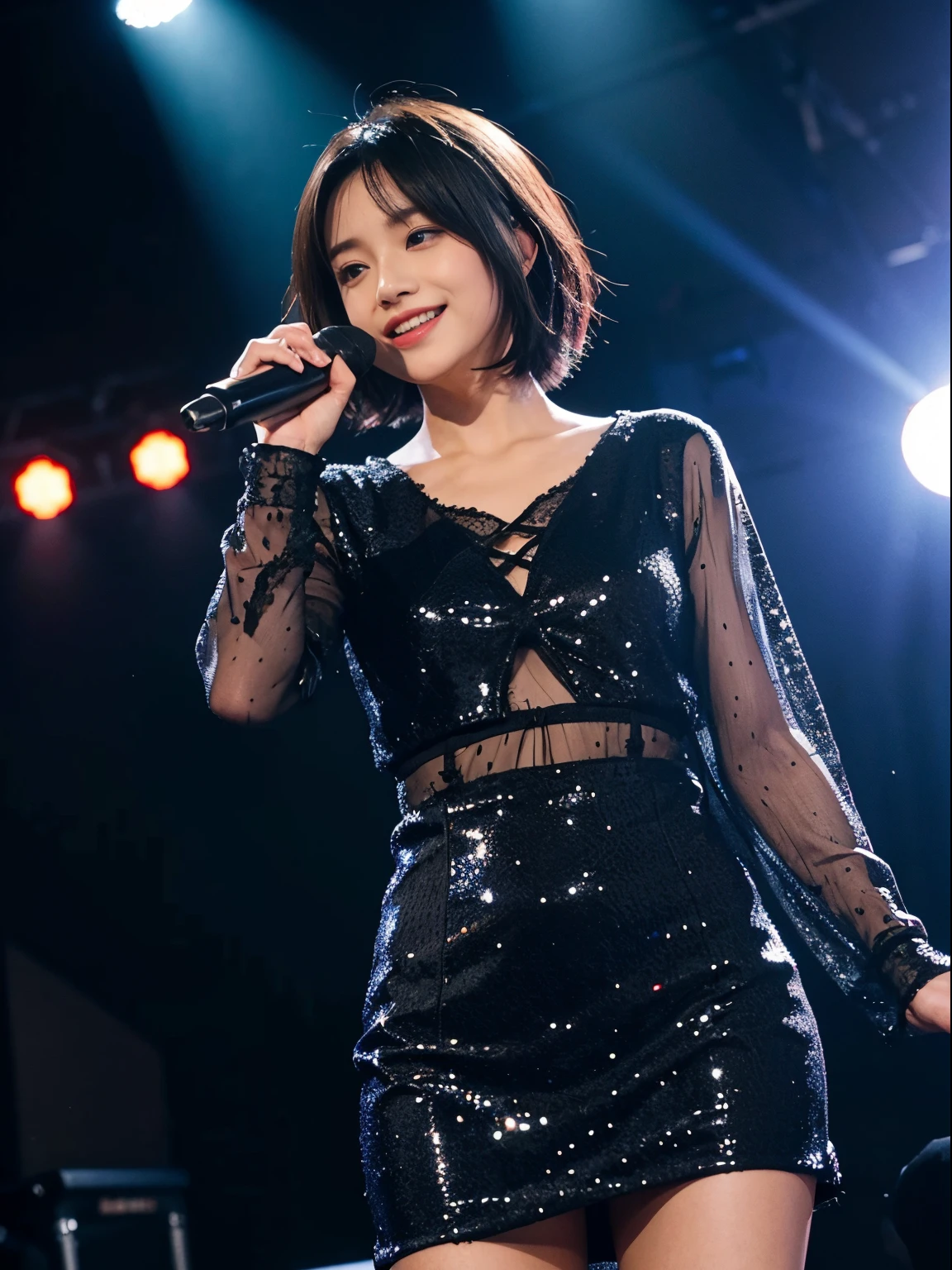 Spotlights on stage、Actress wearing a full lace dress、Smile quietly and close your eyes、top-quality、hyper HD、奈良美智, Japanese Models, Beautiful Japanese wife with short hair, 27-year-old female model, 4 k ], 4K], 27yo, sakimichan, sakimichan