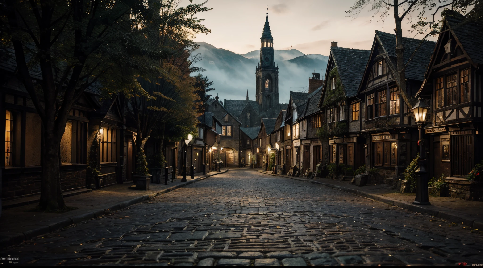 High quality masterpieces, landscapes, Image of the town of Ravenscroft with cobblestone streets. Scary, horror, night, high angle, many ancient buildings.