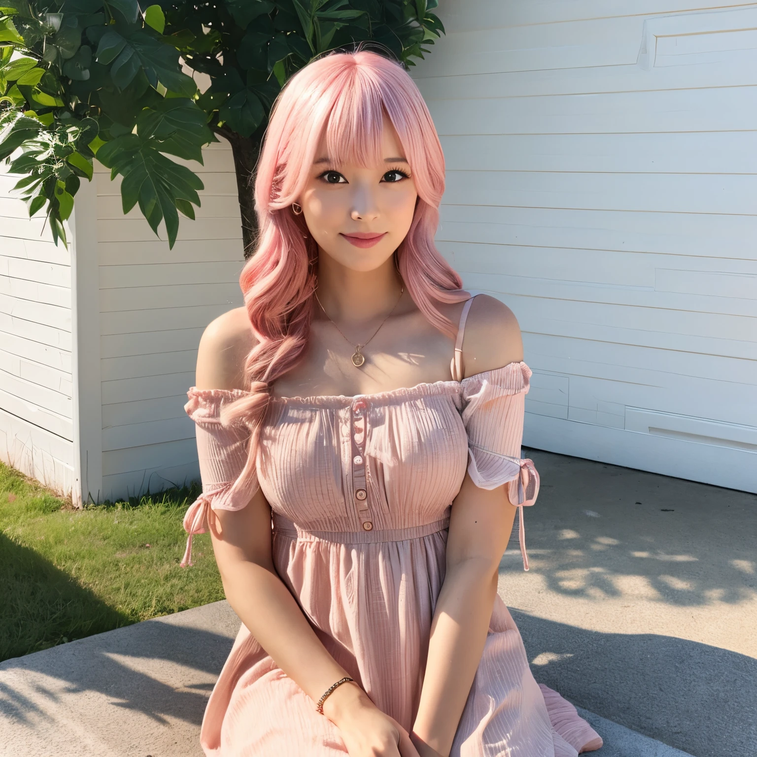 pink haired girl in a dress