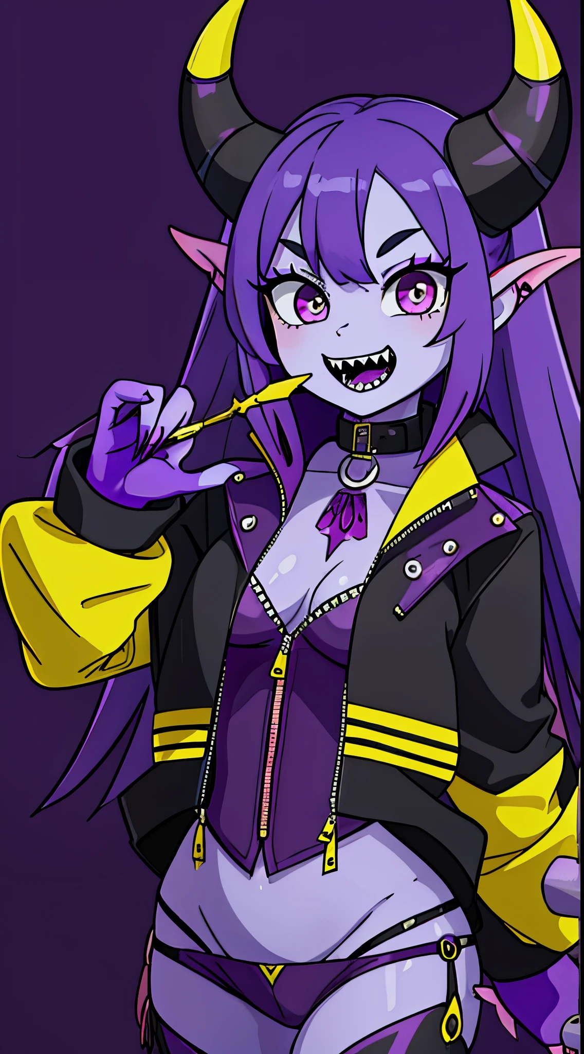 An anthropomorpic devil girl with purple skin and a long devil tail and purple devil horns and sharp teeth wearing a yellow jacket