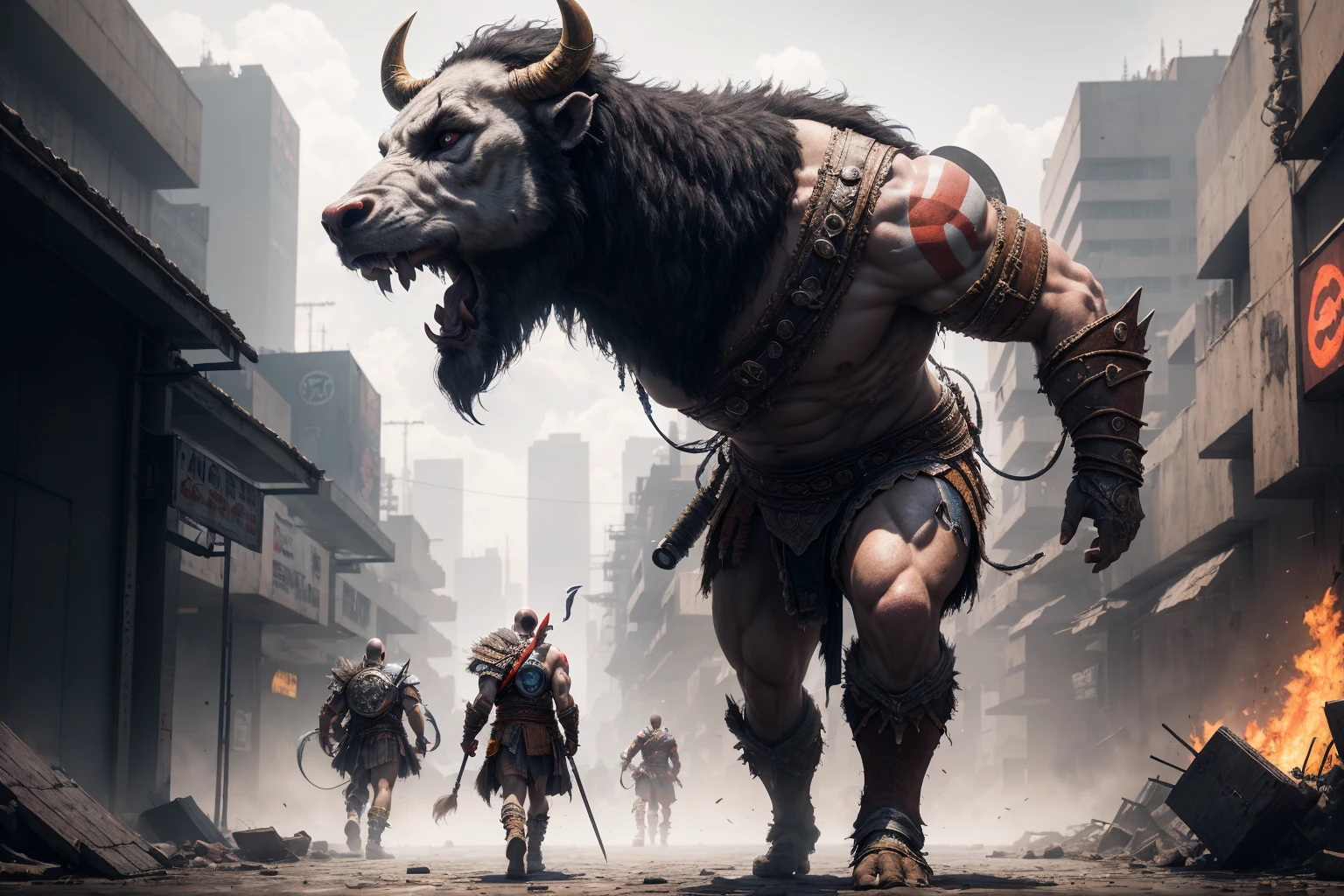 highres, shadows, absurdres, best_quality, ultra_detailed, 8k, extremely_clear, photograph, beautiful, sharp focus, hdr, Buffalo god of war, armor, ferocity, pride, strength, determination, patience, warrior, steadfast, fighting, fantastic location, dream, cyberpunk super arena