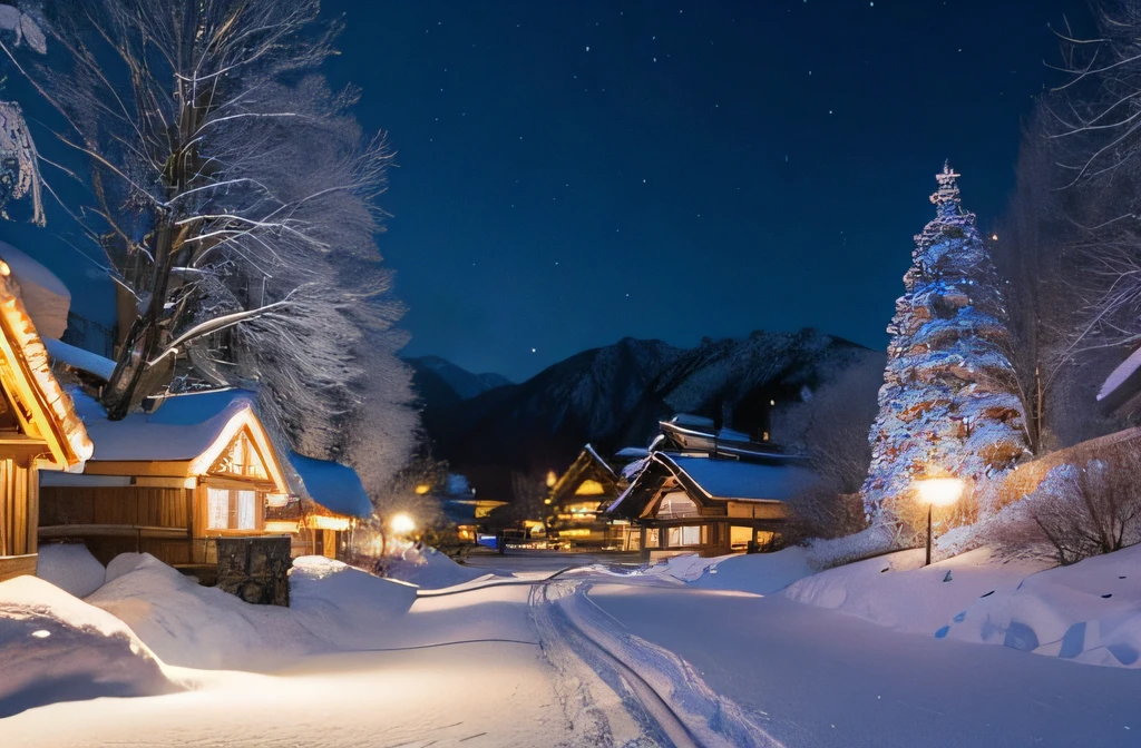 Fairy Tale Village,Village view,Lots of snow on the ground, magical village, well-lit building, Snowy winter, natta, blanketed in a mantle of snow, quaint village, snowy night, winter setting, Suffocating, very magical and dreamy, Shirakawa-go, jpn, It will snow in winter,natural, Cold but beautiful, (Yuki)