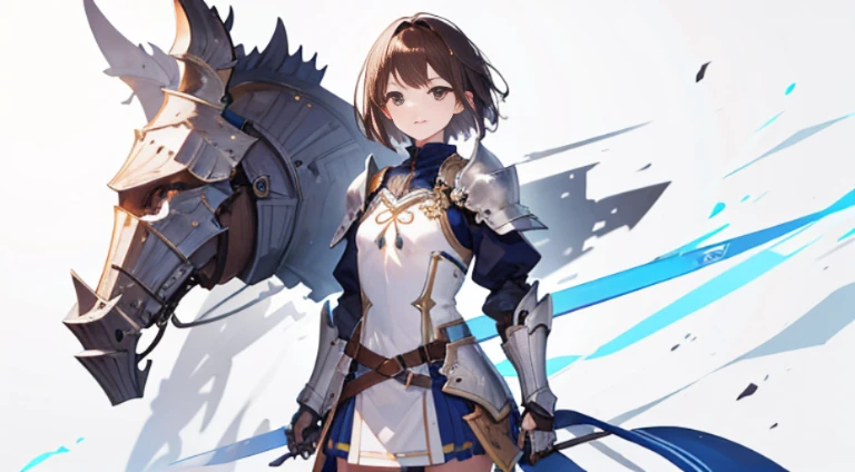 highres,high quality,best quality,detailed,1girl,solo,standing,fantasy,white background,simple background, character design,tachi-e,brown hair,short hair,tied back ribbon,silver eyes,knight, slightly armor,