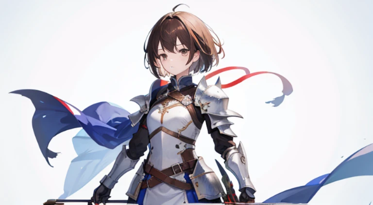 highres,high quality,best quality,detailed,1girl,solo,standing,fantasy,white background,simple background, character design,tachi-e,brown hair,short hair,tied back ribbon,silver eyes,knight, slightly armor,