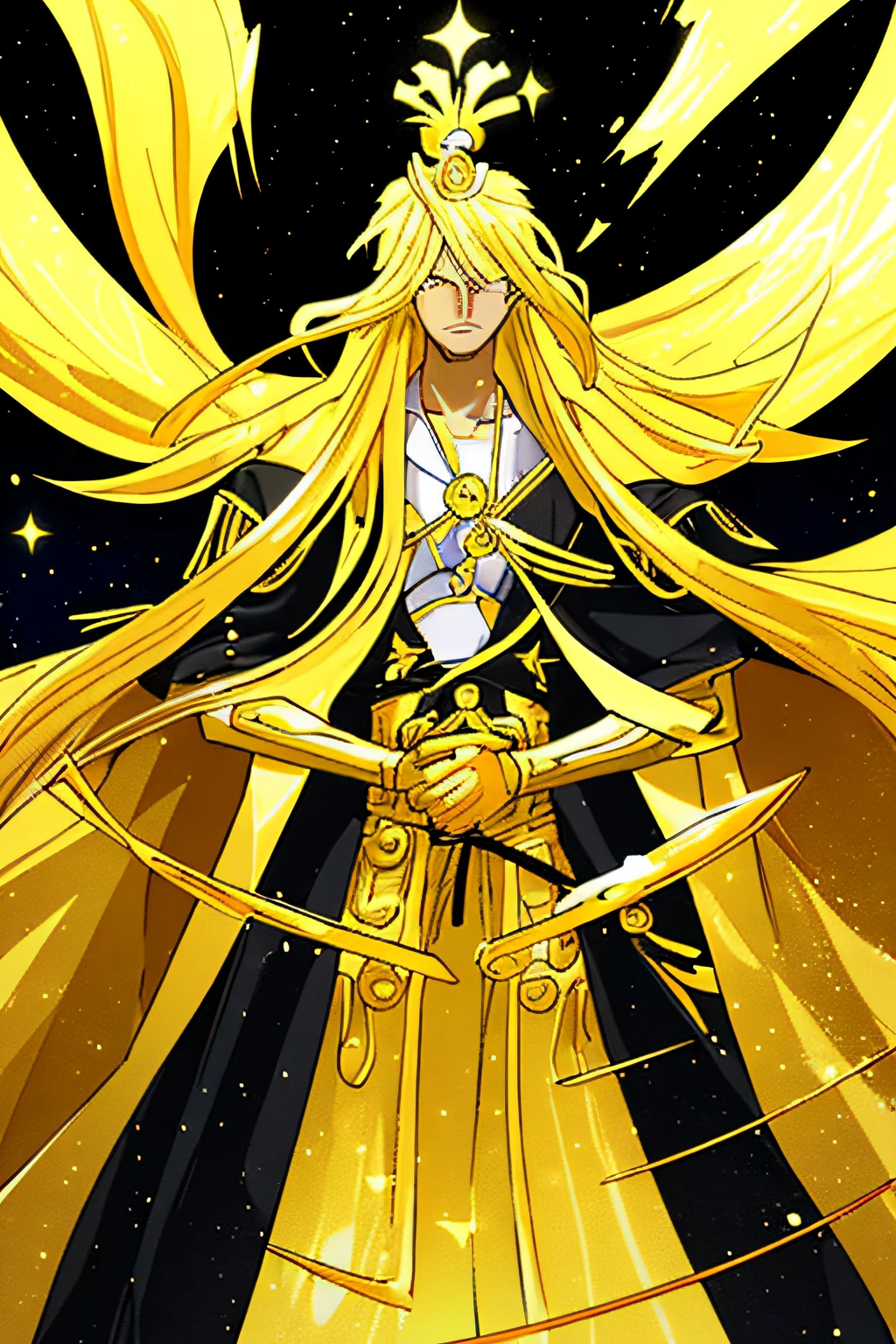 [Yellow-skinned man:1.2, Blonde hair with long straight hair:1.2, Brilliant golden armor，Sharp longsword，eyes like stars,serious expressions ，gold crown，Full body like，Stand before the throne。], sporty attire, VSCO filter: C8)