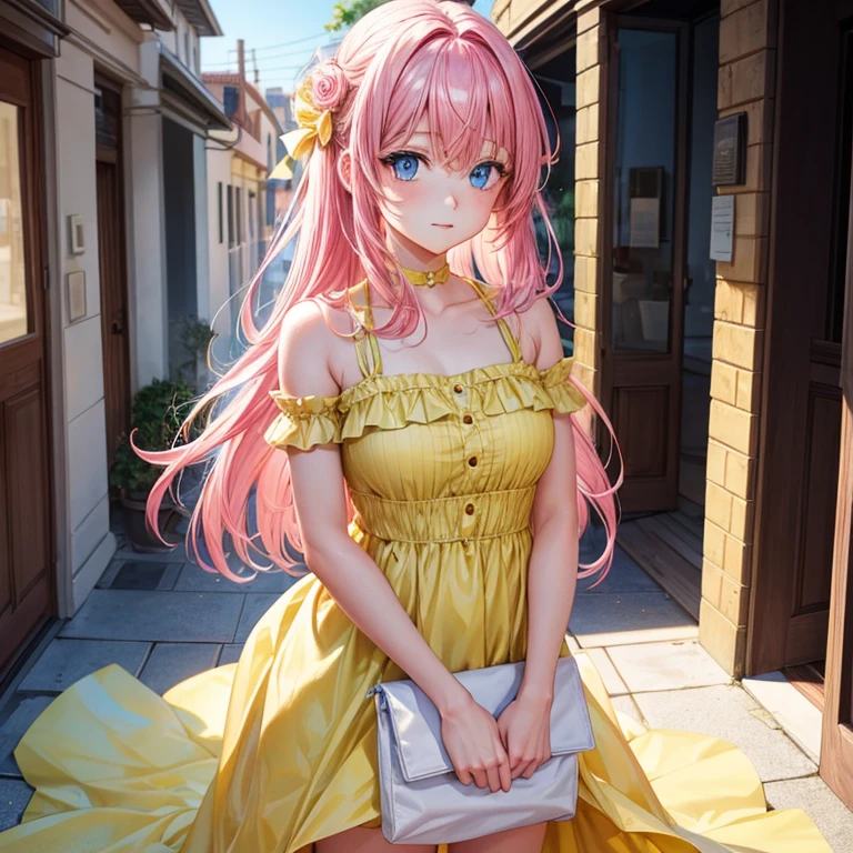 A girl with pink hair and light blue eyes wearing a yellow dress