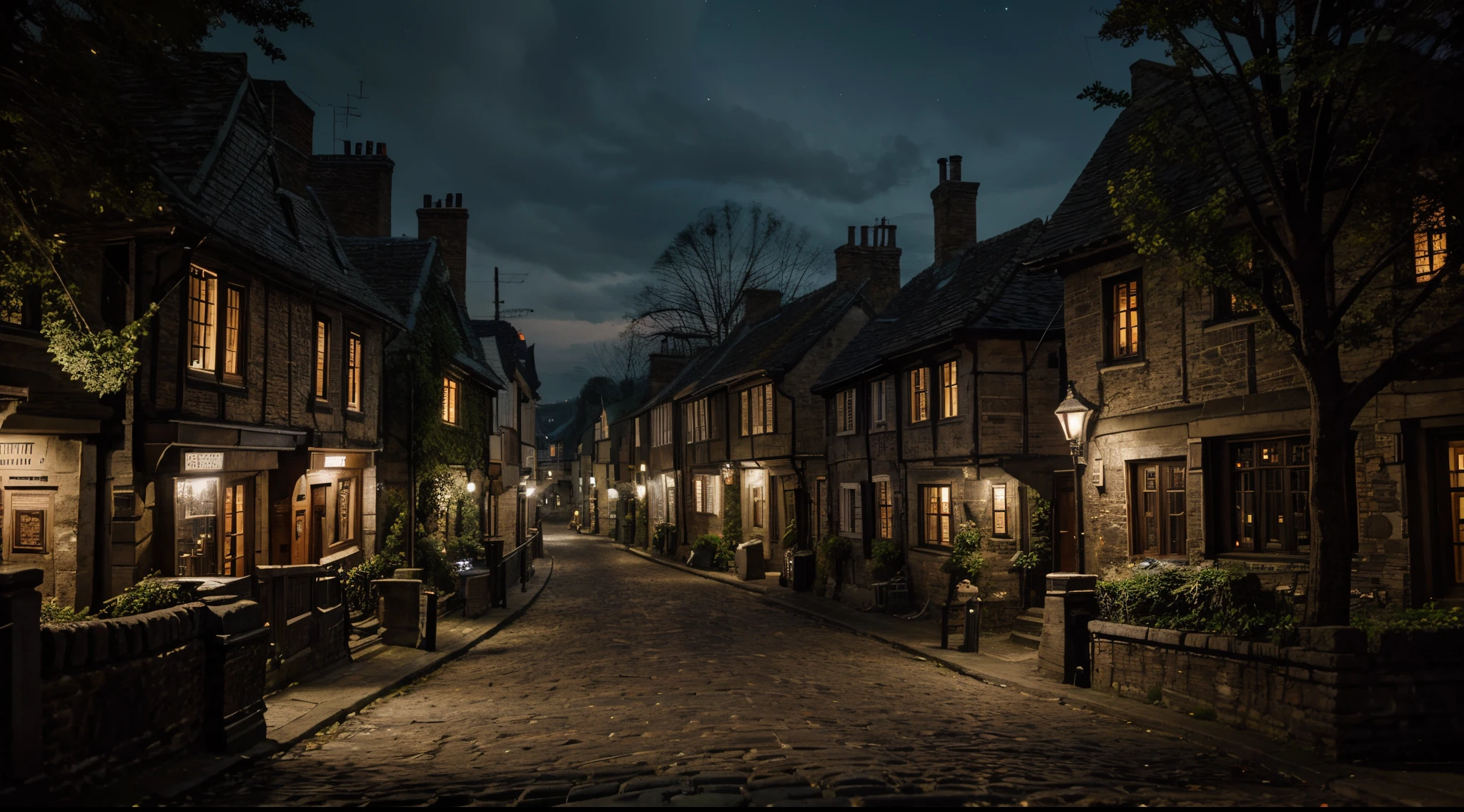 High quality masterpieces, landscapes, Image of the town of Ravenscroft with cobblestone streets. Scary, horror, night, high angle, many ancient buildings.