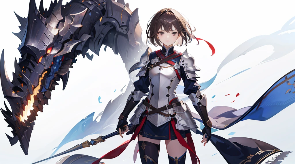 highres,high quality,best quality,detailed,1girl,solo,standing,fantasy,white background, background, character design,tachi-e,brown hair,short hair,tied back ribbon,silver eyes,knight, slightly armor,