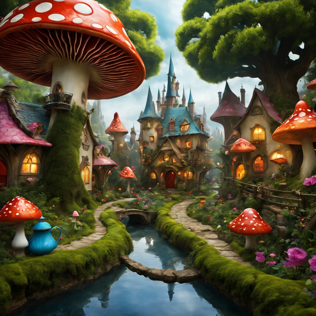(ultra-realistic,highres,4k,masterpiece:1.2),(vibrant colors,bokeh,artistic lighting),Alice in Wonderland-themed fairytale town,storybook,beautifully detailed buildings,whimsical landscape,enchanted street,playful characters,quirky costumes and props,floating teacups,fantastical mushrooms,floral decorations,hidden doorways,magical trees,dreamy atmosphere,vibrant colors and contrasts,fantasy lighting effects,ethereal scenes,dream-like ambiance,mesmerizing details,attention to textures and patterns.
