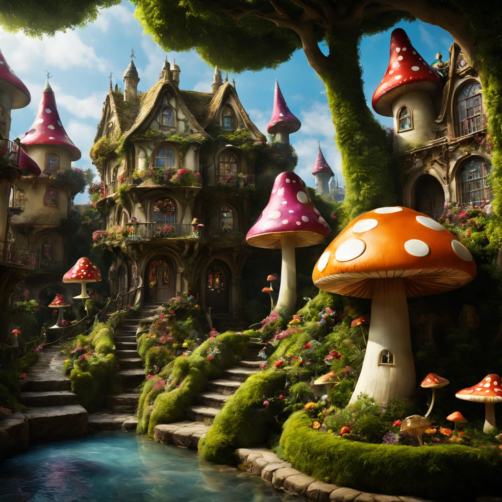 (ultra-realistic,highres,4k,masterpiece:1.2),(vibrant colors,bokeh,artistic lighting),Alice in Wonderland-themed fairytale town,storybook,beautifully detailed buildings,whimsical landscape,enchanted street,playful characters,quirky costumes and props,floating teacups,fantastical mushrooms,floral decorations,hidden doorways,magical trees,dreamy atmosphere,vibrant colors and contrasts,fantasy lighting effects,ethereal scenes,dream-like ambiance,mesmerizing details,attention to textures and patterns.