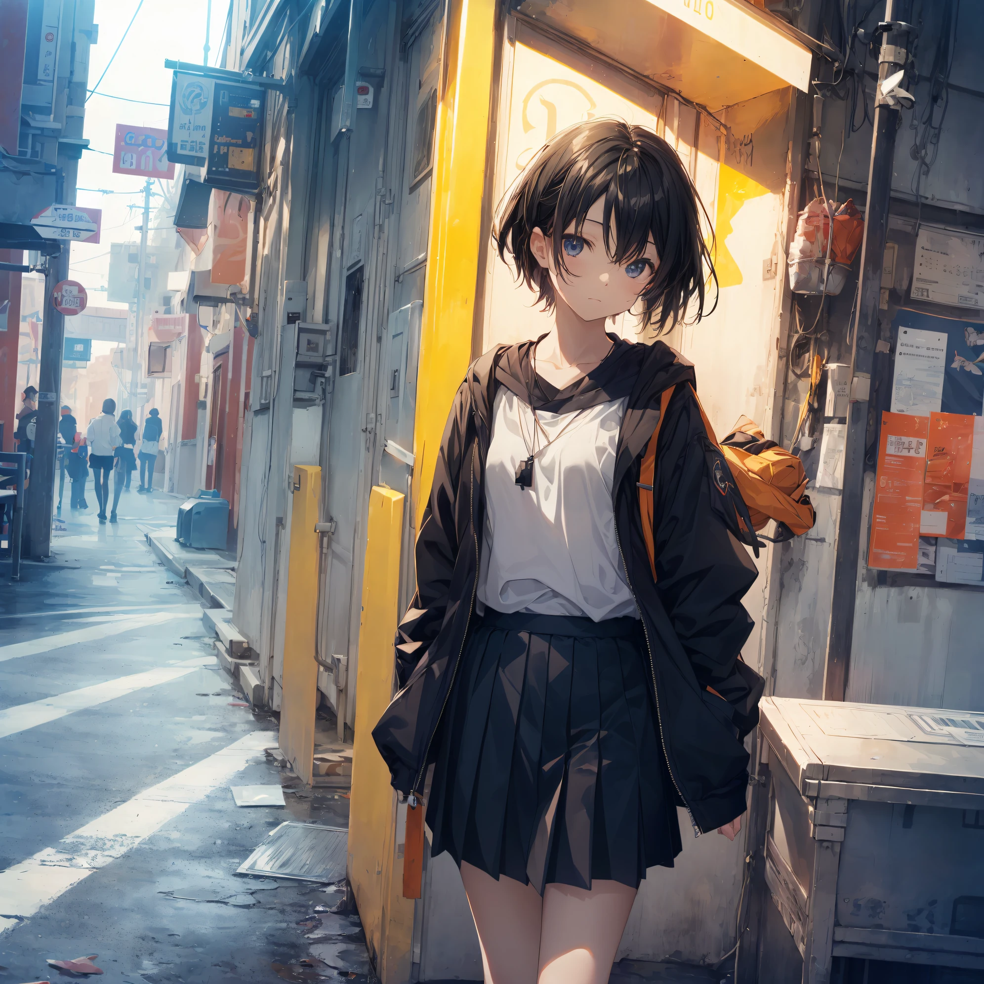 ((Top quality by Art God, Ultra-detailed, High resolution,super detailed skin,anime moe art style,Best Anime 8K Konachan Wallpapers,Pixiv Contest Winner,Perfect Anatomy)),BREAK, (Draw a girl sleepily walking to school. ),BREAK, 1girl is a cool beautiful girl, (Solo,Lori,child,13years:1.3),a junior high school student, Androgynous attraction, (Center part very short hair),hair messy, Forehead, Full limbs, complete fingers,flat chest, Small butt, groin, Small eyes,Beautiful detailed black eyes,Well-proportioned iris and pupils,disgusted eye, School uniform, Skirt,On the way to school. BREAK, The best lighting powered by AI, 8K, Illustration,