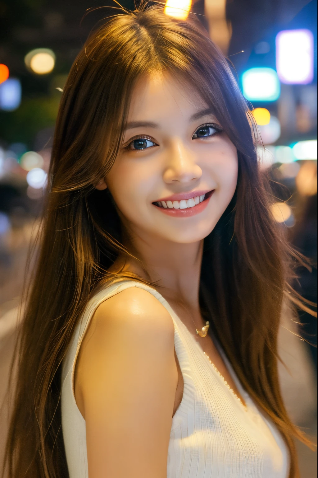 (photorealistic:1.4),(detailed eyes:1.3),(realistic, photo-realistic:1.37),(Medium view:1.5),(Half body),1girl,best quality,ultra-high res,Tokyo street,Vest,long Colour hair,waist,Smile,Slim,Night,