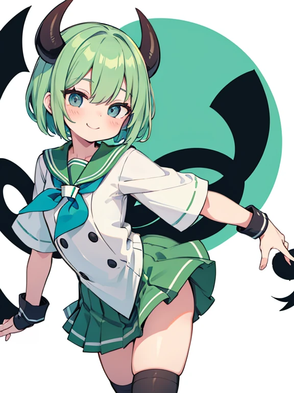masterpiece, high definition, light green hair, short haircut, black eyes, white heart pupils, smiling, blushing, light green sailor suit, small cute devil horns, devil tail, black fingerless gloves, over knee socks, backwards, one leg raised, only face looking towards camera, white background, cute
