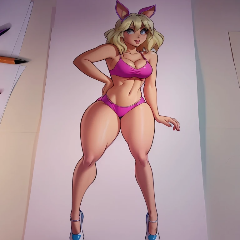 um desenho de uma mulher com uma roupa rosa posando para uma foto, arte dos desenhos animados, Lola Bunny Fanart, personagem de desenho animado, personagem em sua pose natural, desenho animado altamente detalhado, Commission for High Res, comic character, OC Commission, colorful sketch, thicc, high quality colored sketch, menina bonito vestindo o terno do tanque, corpo grosso, traje apertado, thick thieves