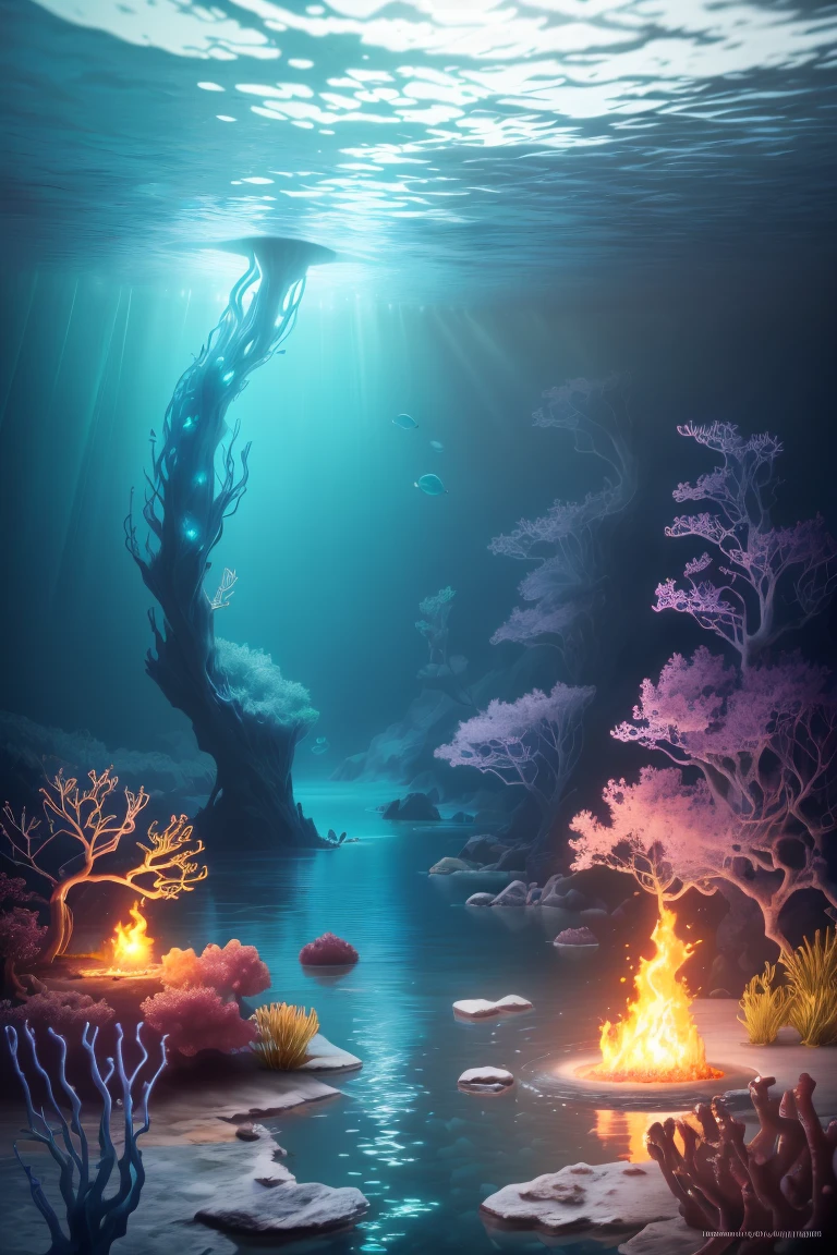 masutepiece, Best Quality, (the Extremely Detailed CG Unity 8K Wallpapers), (Best Quality), (Best Illustrations), (Best Shadows), Marine theme with natural elements. Tall mangroves, Abundance of marine plants, Glowing jellyfish, Surrounded by schools of fish, glowing particle effects,, (marine plant), (Sea theme), ((Luminescent algae)), (coral), ((Glowing jellyfish )), ((Creatures glowing in the sea water)), ((Fire in the sea)), (((Particle effect))), Isometric 3D, Octane Rendering, Ray tracing, super detailed(Anime White Cat Eared Woman,yellow  eyes, nightgown,White hair,2D,Prank)Painting of fantasy worlds beyond dimensions,Underwater world,Atlantis,Science fiction,Upright,Studio Ghibli,Unreal Engine,epic composition,CG Digital Rendering,Ultra HD,very detailed technique,Triad color schemes