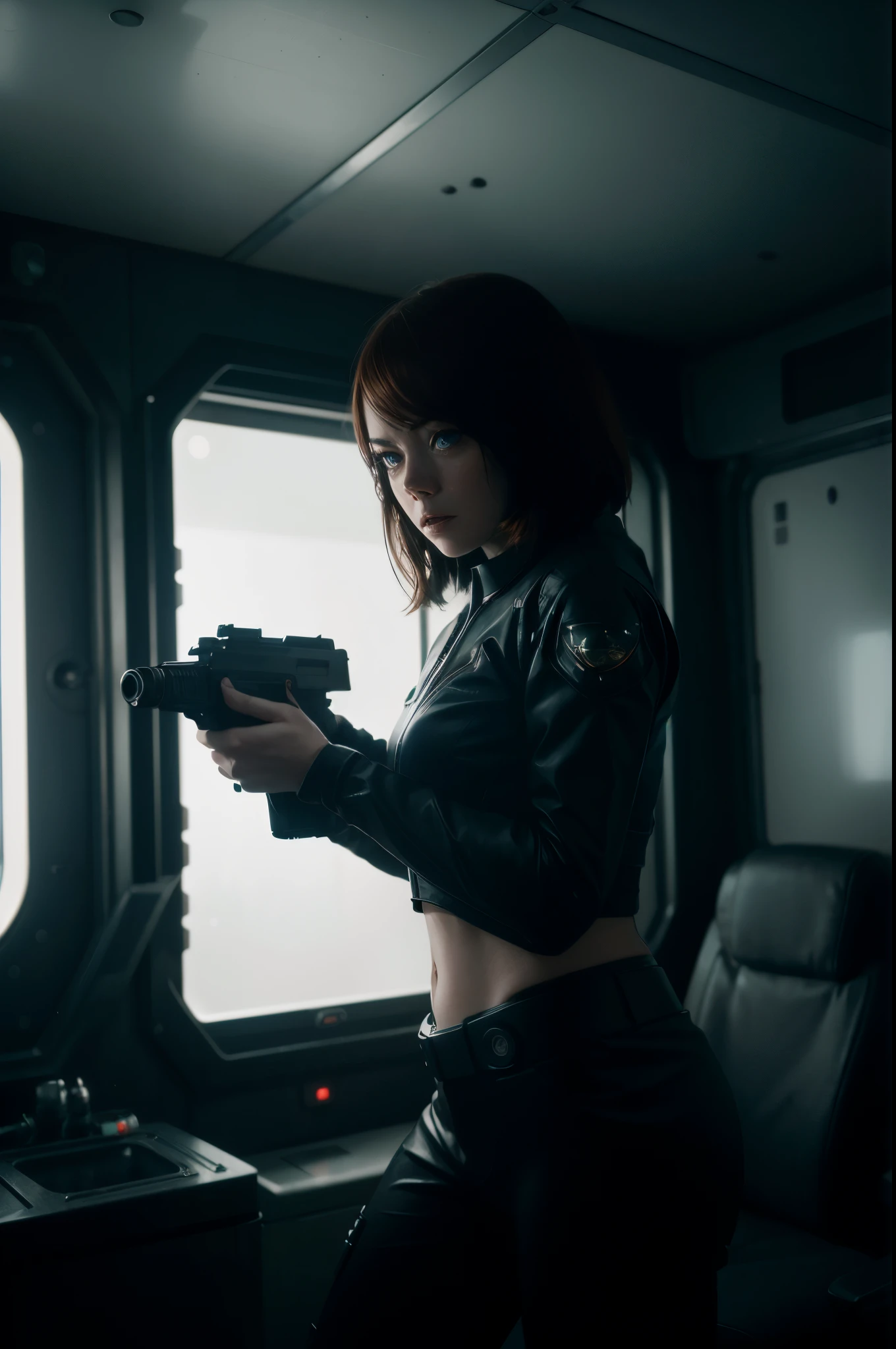 Hot terrified Sci fi Emma Stone holding a sci fi pistol on Ishimura Horror Space Ship photography, natural light, photorealism, cinematic rendering, ray tracing, the highest quality, the highest detail, Cinematic, Third-Person View, Blur Effect, Long Exposure, 8K, Ultra-HD, Natural Lighting, Moody Lighting, Cinematic Lighting