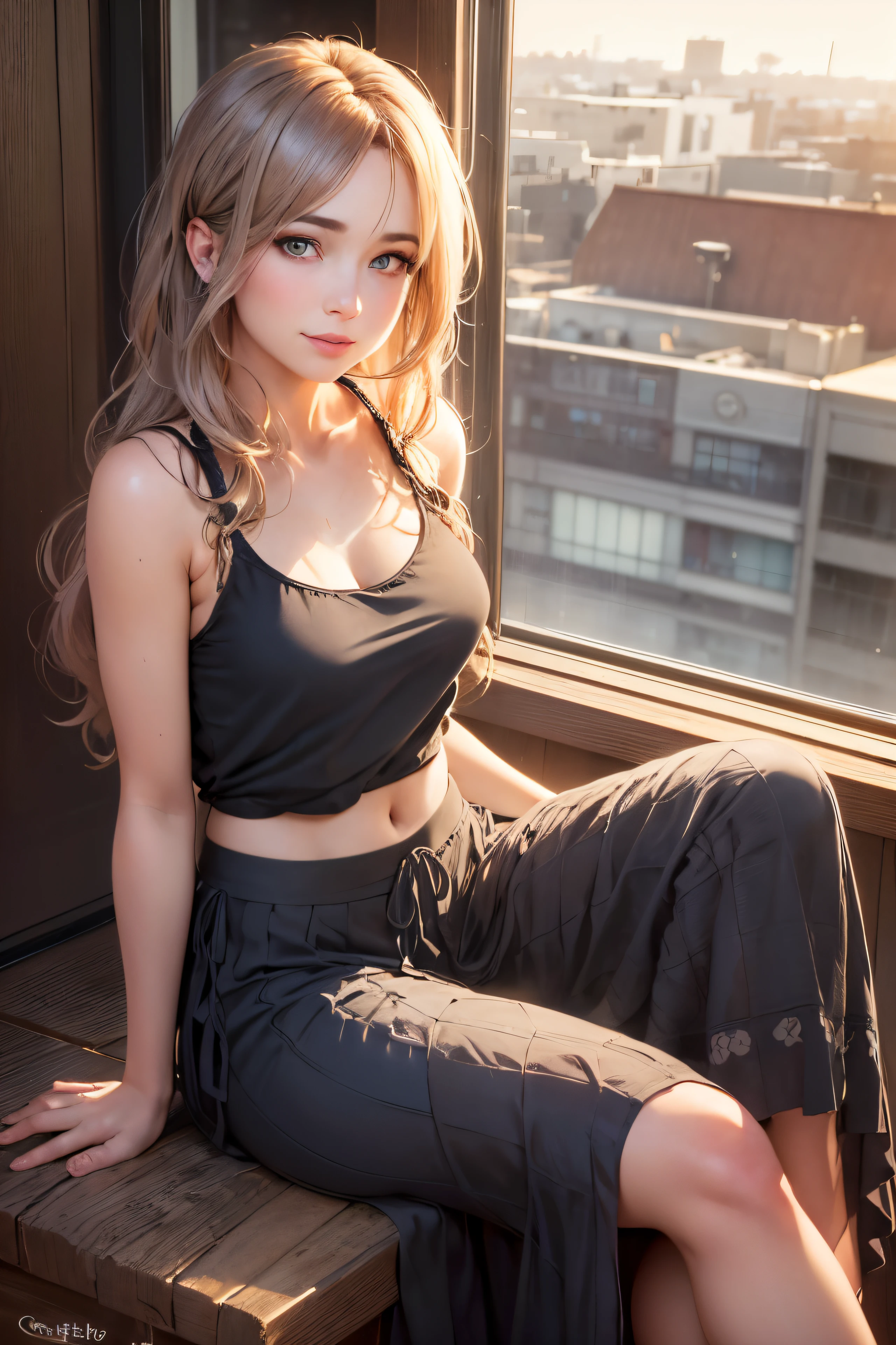 full body shot of (woman Sitting on a window sill in a flowy maxi skirt and tank top. small smiling), (detailed realistic face), (((hyperdetailed))), zoomed out, symmetrical face, detailed pupil, expressive eyes, Casey Baugh, Michael Garmash, Sophie Anderson, hasui kawase, makeup, real photography, modern look, Real photography (Realistic:1.5)