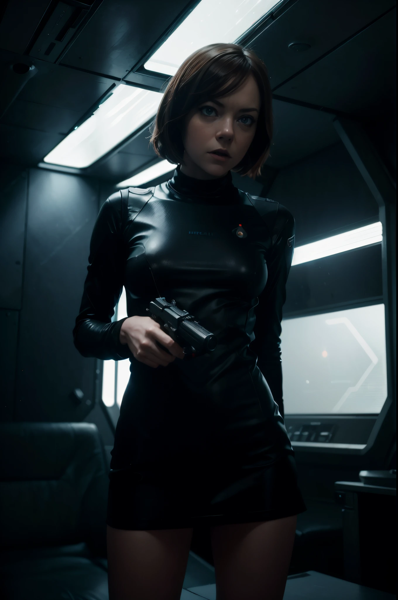 Hot terrified Sci fi Emma Stone holding a sci fi pistol on Ishimura Horror Space Ship photography, natural light, photorealism, cinematic rendering, ray tracing, the highest quality, the highest detail, Cinematic, Third-Person View, Blur Effect, Long Exposure, 8K, Ultra-HD, Natural Lighting, Moody Lighting, Cinematic Lighting