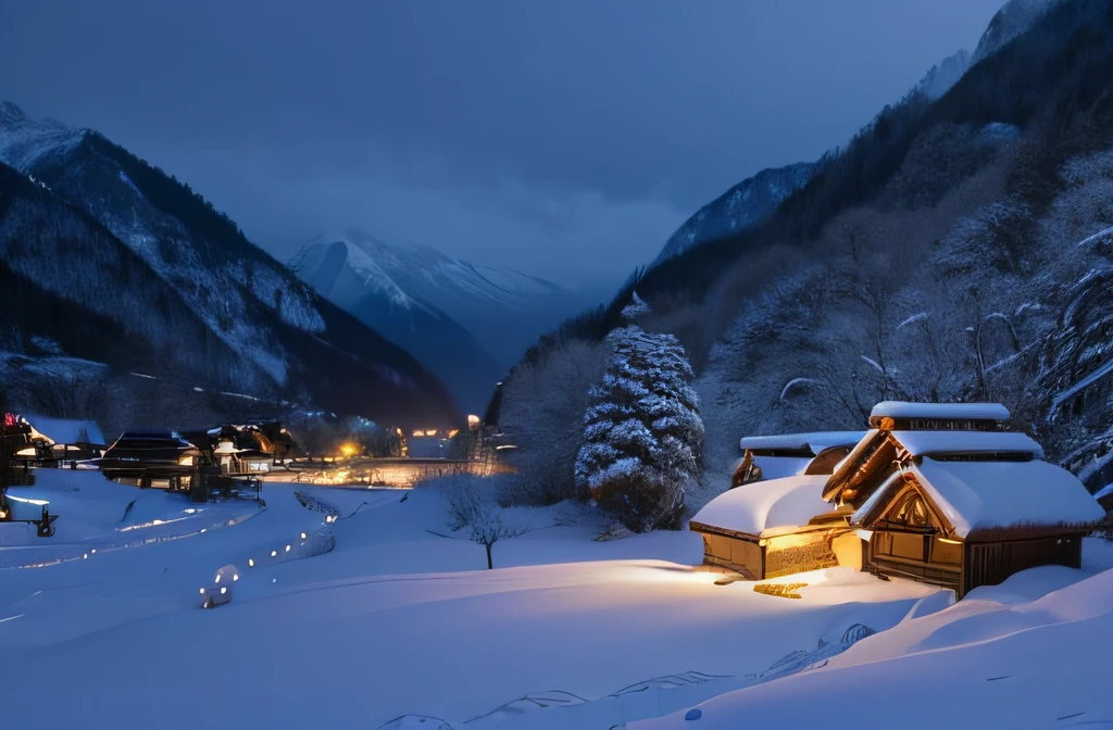 Fairy Tale Village，Village view，Lots of snow on the ground, magical village, well-lit building, Snowy winter, natta, blanketed in a mantle of snow, quaint village, snowy night, winter setting, Suffocating, very magical and dreamy, Shirakawa-go, jpn, It will snow in winter,natural, Cold but beautiful, (Yuki)