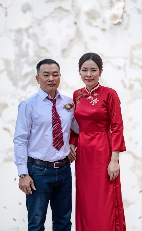 they are standing next to each other in a red dress, ao dai, lovely couple, happy couple, wearing red formal attire, couple, hoang long ly, profile image, wearing red attire, momma and papa, in style of lam manh, phuoc quan, bao pham,  my linh, couple portrait, dao trong le, wedding photo