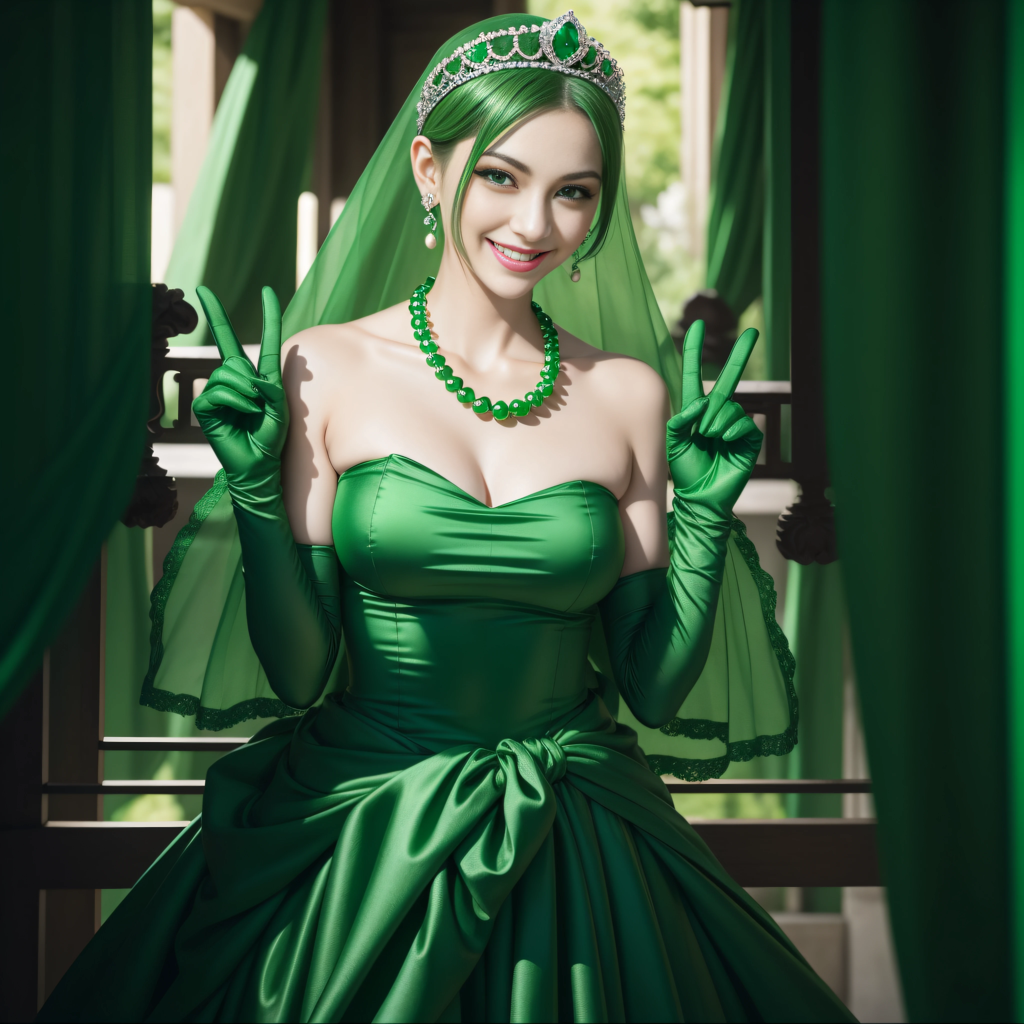emerald tiara, Green Pearl Necklace, Boyish very short green hair, lipsticks, Japan woman smiling, very short short hair, big breasts beautiful, Green eyes, Long green gloves made of satin material, Green eyes, Emerald Earrings, green vale, v sign