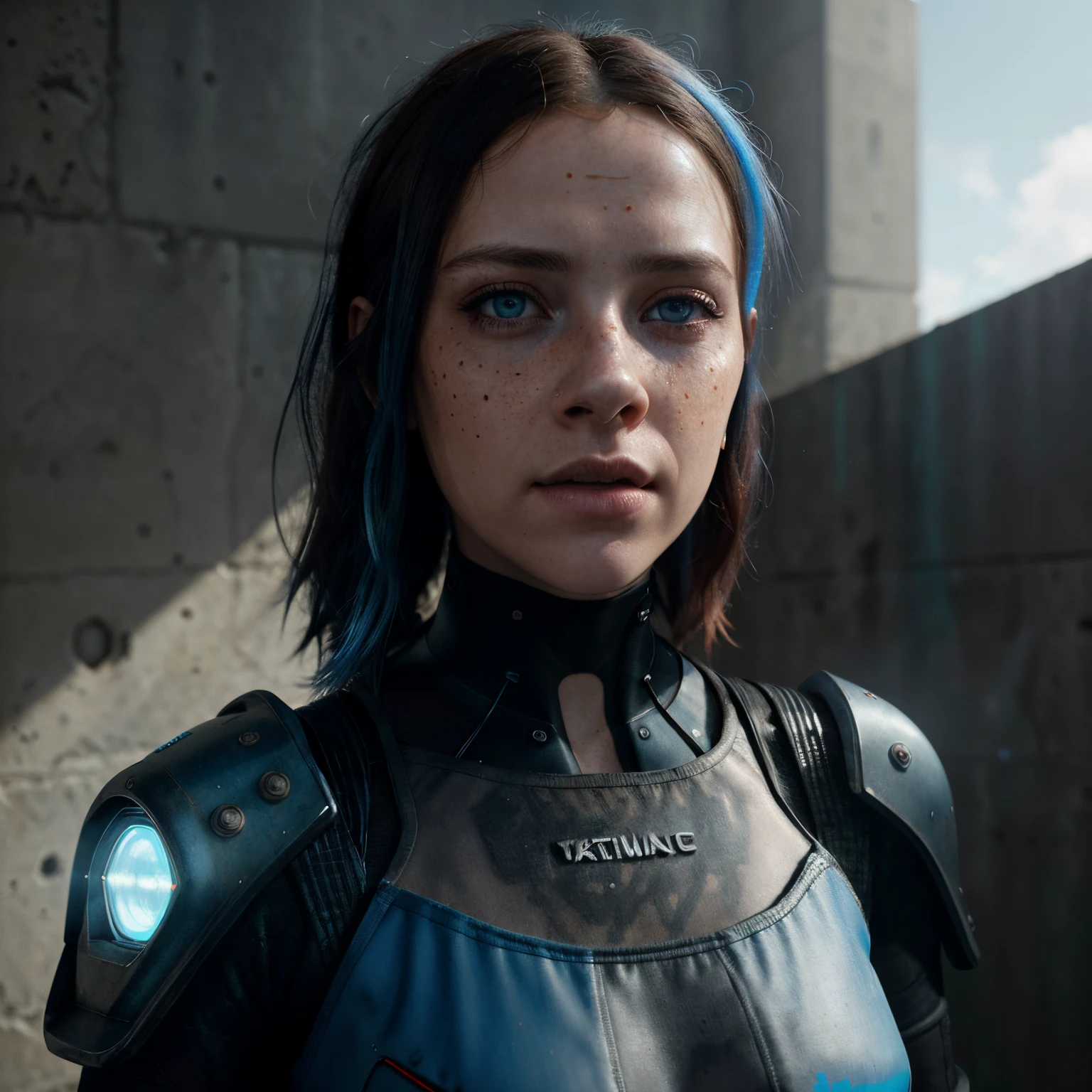 Alafad woman with freckles and blue eyes standing in front of wall, cinematic realistic portraits, Rendu portrait 8k, Realistic face moody lighting, Cyberpunk art hyperrealism 8k, Surreal cyberpunk style, Soft portrait shooting 8 K, 8K Realistic Digital Art, cyber punk style , Hyper-realistic, Realistic digital art 4k, Realistic digital art 4k