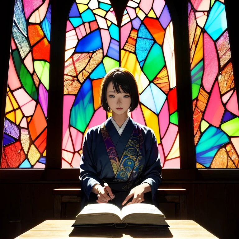 (masutepiece, of the highest quality, Best Quality,Official art, Beautiful and aesthetic:1.2),(1girl in:1.3), 1 Girl Break Stained Glass Art, Colored Glass, Lead Line, Light transmission Break Bright colors, intricate designs, luminous effect, Spiritual atmosphere