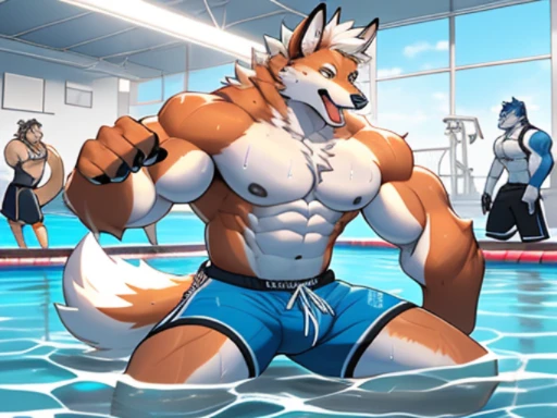 by zixiong, (1boy), solo, male, kemono, (blue wolf), white torso, (naked), wolf ears, handsome, muscular, adult, hunk, hot body, (detailed black eyes), detailed face, detailed hands, white eyebrows, (1 detailed big hard penis erection), thick body, nipples, (full-body), pectoral, a wolf tail, masterpiece, high res, best quality), 8k, perfect art, (nsfw), (lineart), best anatomy, pool