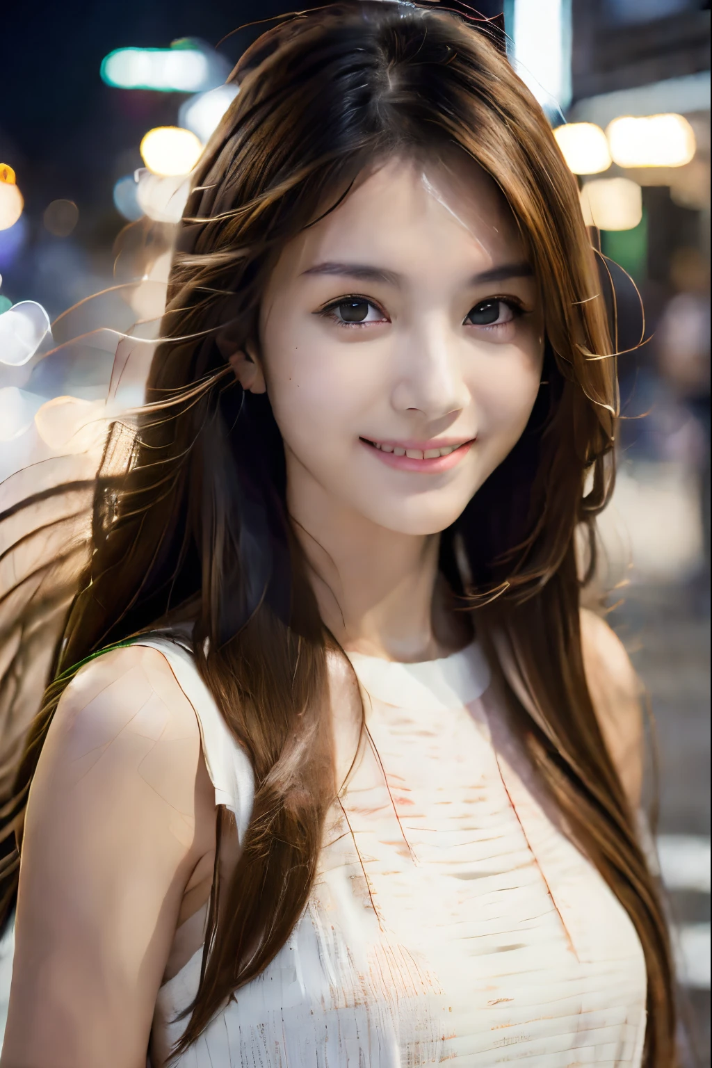 (photorealistic:1.4),(detailed eyes:1.3),(realistic, photo-realistic:1.37),(Medium view:1.5),(Half body),1girl,best quality,ultra-high res,Tokyo street,Vest,long Colour hair,waist,Smile,Slim,Night,