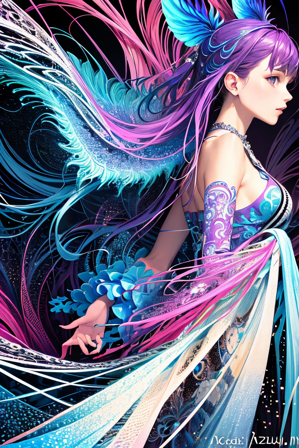 (masterpiece, top quality, best quality, official art, beautiful and aesthetic:1.2), (1girl:1.3), extremely detailed,(fractal art:1.2),colorful,highest detailed,( zentangle neon:1.2), (dynamic pose), (abstract background neon:1.5), (treditional dress:1.2), (shiny skin), (many colors:1.4), upper body ,Neon,16K,Full HD