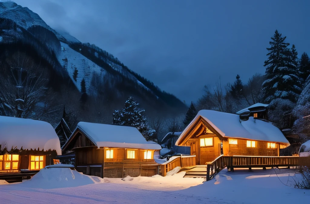 Fairy Tale Village,Village view,Lots of snow on the ground, magical village, well-lit building, Snowy winter, natta, blanketed in a mantle of snow, quaint village, snowy night, winter setting, Suffocating, very magical and dreamy, Shirakawa-go, jpn, It will snow in winter,natural, Cold but beautiful, (Yuki)