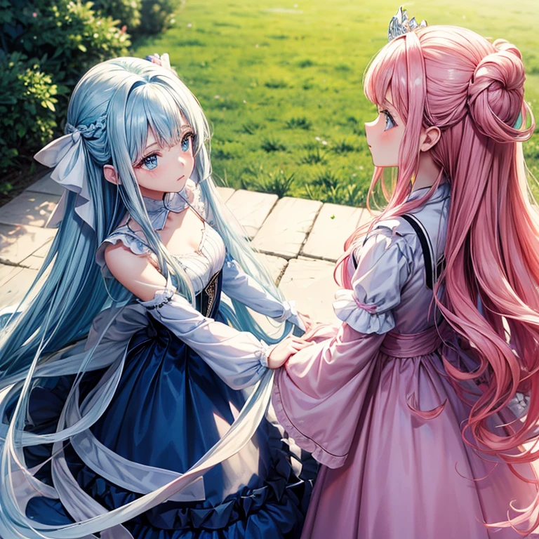 two princesses. Long hair and blue eyes, with a dark blue dress. Long pink hair with blue eyes and pink dress. All in white ribbons.