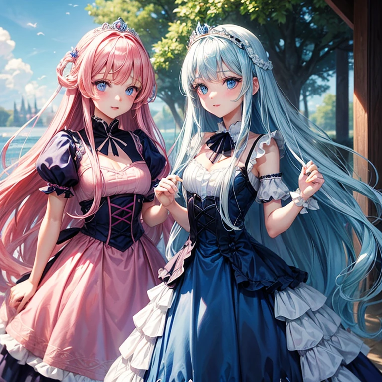 two princesses. Long hair and blue eyes, with a dark blue dress. Long pink hair with blue eyes and pink dress. All in white ribbons.