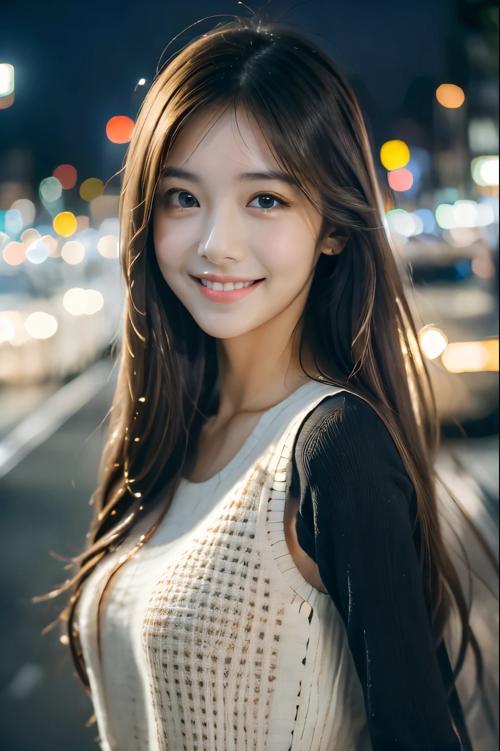 ((City of night:1.3, outdoor, Photographed from the front))), ((long hair:1.3,White off-shoulder blouse,Smile,japanese woman,cute)), (clean, natural makeup), (highest quality, masterpiece:1.3, 超High resolution), (Super detailed, caustics), (realistic:1.4, RAW shooting), very detailed, High resolution, 16K resolution