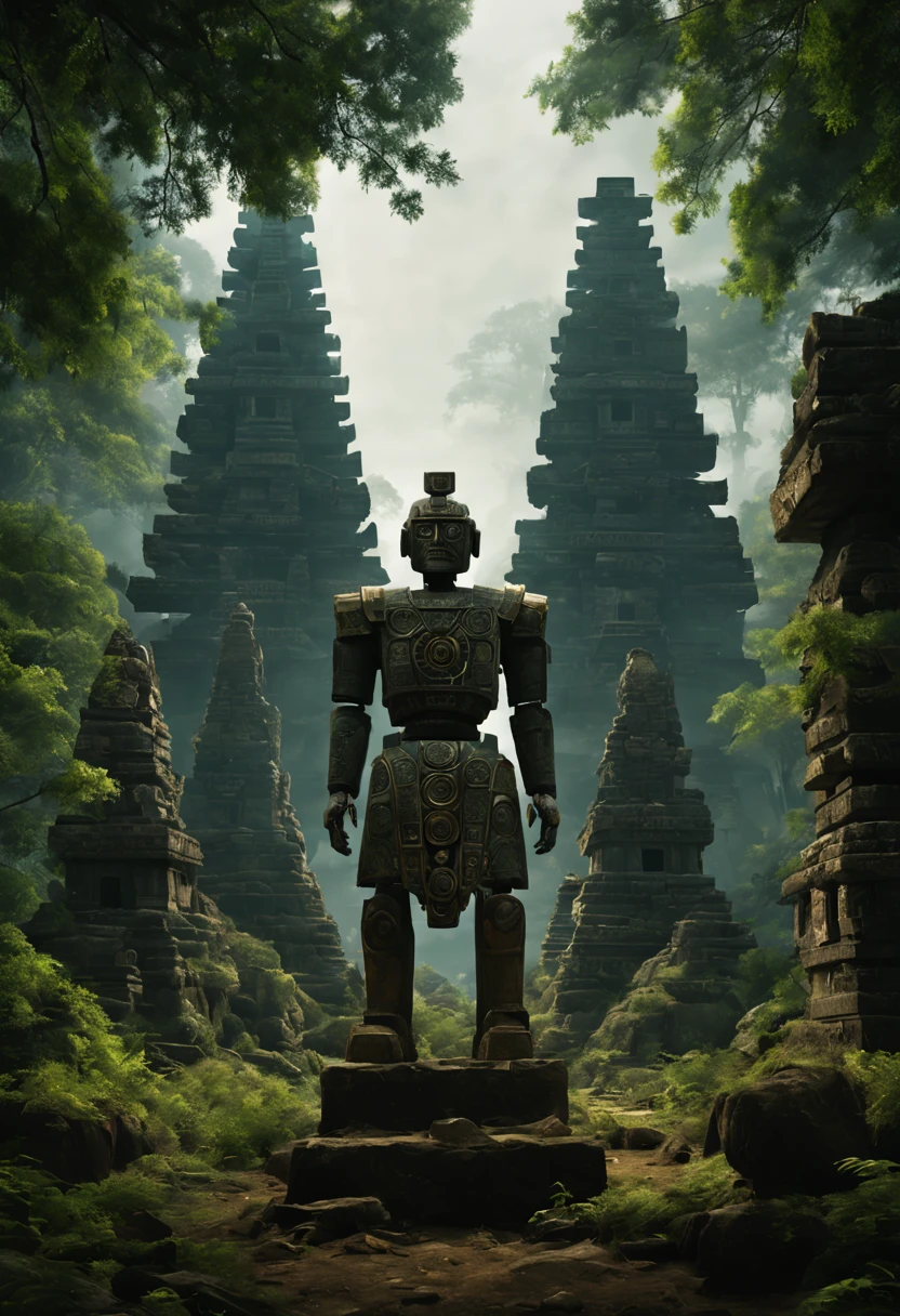 There  a stone statue in the middle of the forest, stone eyes, still from the aztec robot movie, Freddy Mamani Sylvain front view, CG games, Movie Promotional Image, large temples, face shown, In the shrine, Check the ruins