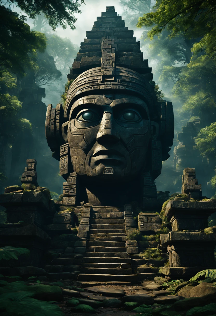 There  a stone statue in the middle of the forest, stone eyes, still from the aztec robot movie, Freddy Mamani Sylvain front view, CG games, Movie Promotional Image, large temples, face shown, In the shrine, Check the ruins