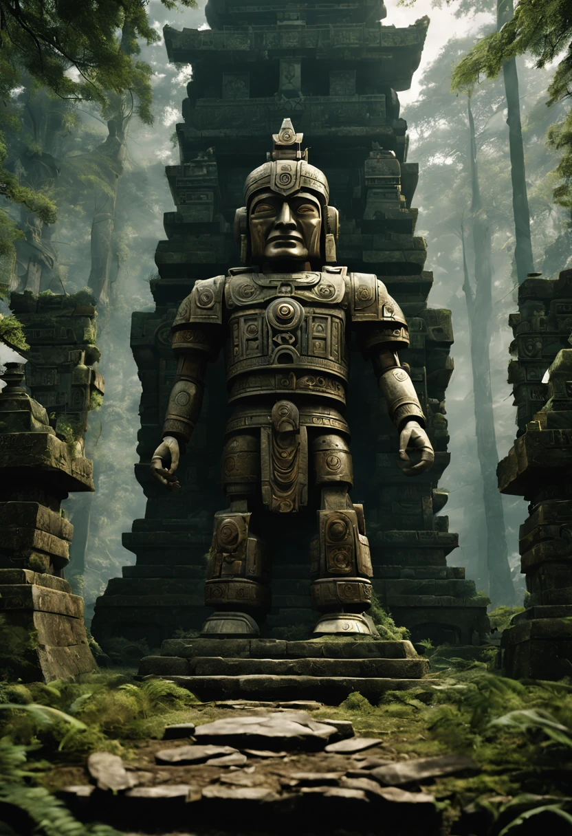 There a stone statue in the middle of the forest, stone eyes, still from the aztec robot movie, Freddy Mamani Sylvain front view, CG games, Movie Promotional Image, large temples, face shown, In the shrine, Check the ruins