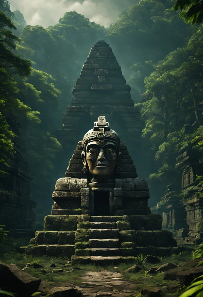 There  a stone statue in the middle of the forest, stone eyes, still from the aztec robot movie, Freddy Mamani Sylvain front view, CG games, Movie Promotional Image, large temples, face shown, In the shrine, Check the ruins