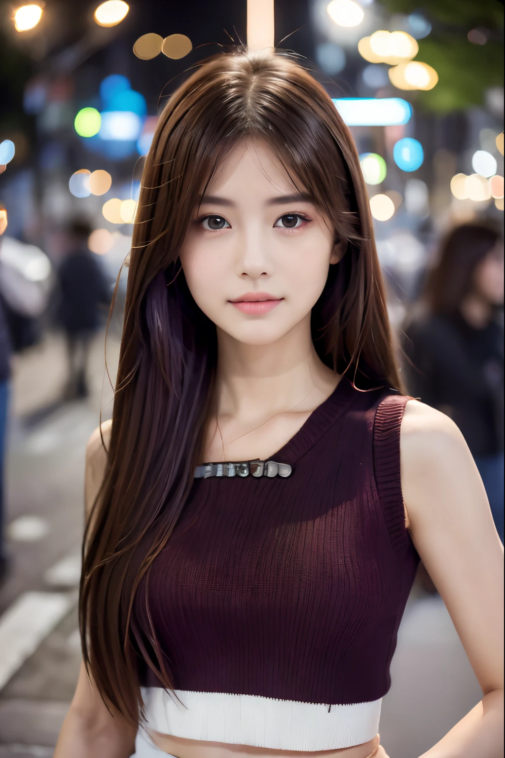 （realisticlying：1.4），（detailedeyes：1.3），（realisticlying，photo-realistic：1.37），（mid view：1.5），（A half body），1girll，best qualtiy，超高分辨率，street Tokyo，vests，Long colored hair，waistup，slim，the night，