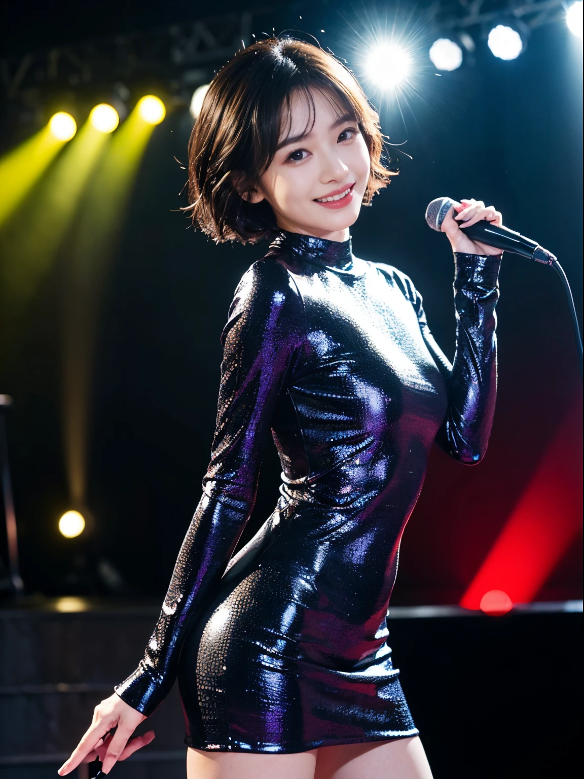 Spotlights on stage、actress in a tight dress、Smile quietly、top-quality、hyper HD、奈良美智, Japanese Models, Beautiful Japanese wife with short hair, 27-year-old female model, 4 k ], 4K], 27yo, sakimichan, sakimichan