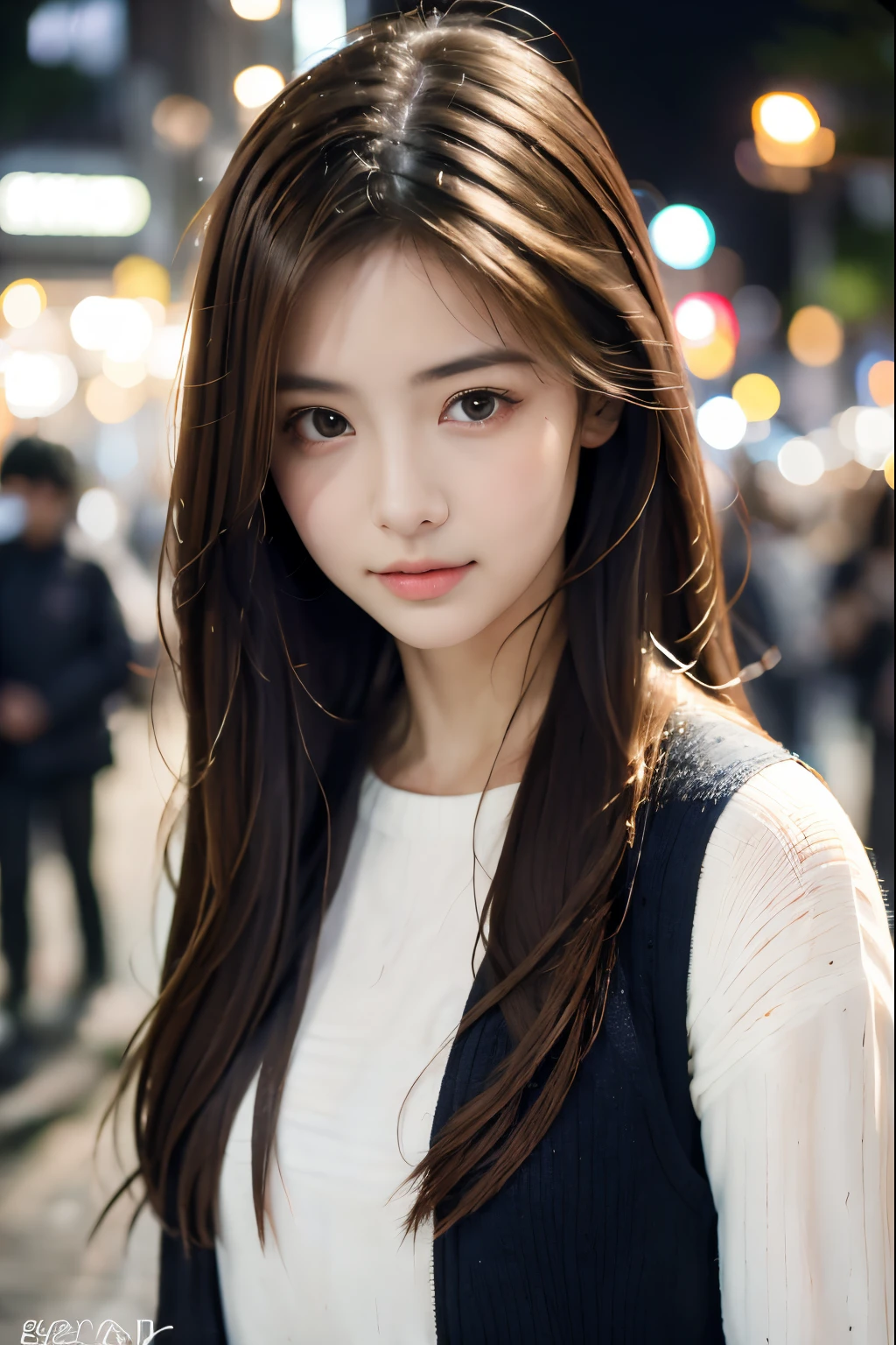 (realisticlying:1.4),(detailedeyes:1.3),(realisticlying,photo-realistic:1.37),(mid view:1.5),(A half body),1girll,best qualtiy,超高分辨率,street Tokyo,vests,Long colored hair,waistup,slim,the night,