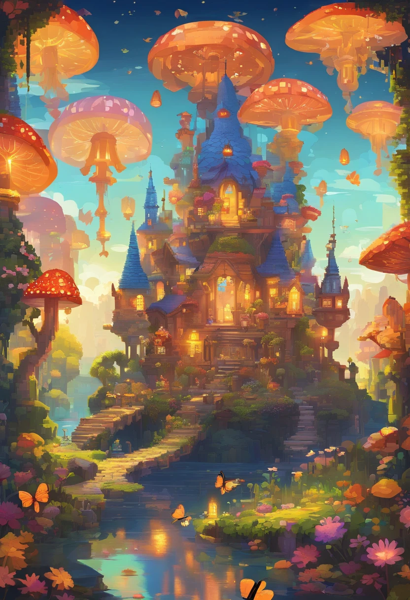 highreest quality:1.2),(realistic:1.37),ultra-detailed,beautiful fairy village,enchanted forest,magical creatures,glistening river,flickering lanterns,mystical and vibrant colors,soft ethereal lighting,fairy houses nestled among flowers and mushrooms,golden sunlight filtering through the trees,detailed leaves and petals,dancing fairies,pixie dust floating in the air,whimsical architecture,peaceful and serene atmosphere,floating butterflies and fireflies,fantasy world come to life,intricate details on the fairy wings,sparkling and vibrant surroundings,enchanted and dreamy ambiance