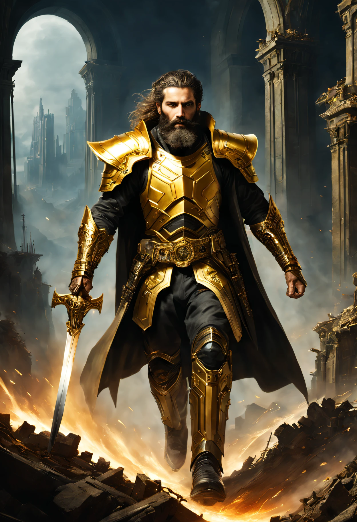 Strong magic swordsmen holding magic swords, wearing gold armor, beards fluttering, and flying behind their backs, showing the beauty of machinery. He shuttles between ruins and cities, heralding the coming apocalypse.