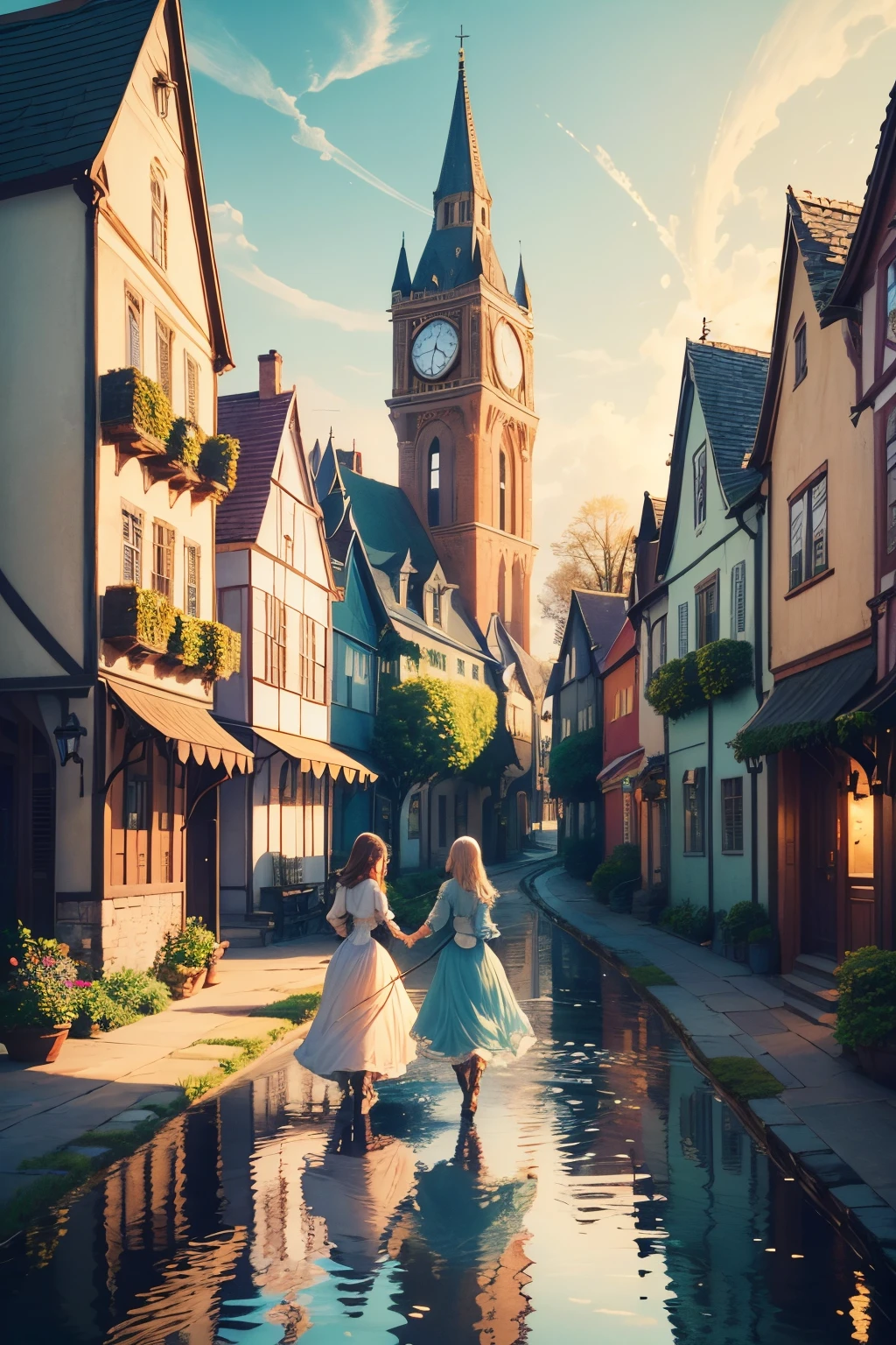 A dreamy, enchanting fairytale town nestled in a vibrant, lush garden. Medium: Illustration. Color palette: Soft pastels with pops of vibrant hues. Lighting: Warm and magical, casting a soft glow on everything it touches. Best quality, ultra-detailed artwork with sharp focus and vivid colors. 

Additional details: Cobblestone streets winding through the town, lined with charming cottage houses adorned with colorful flowers. A whimsical clock tower standing tall in the center, its intricate details and gears bringing a touch of steampunk elegance. Delightful creatures like talking animals and fairies gracefully moving through the air. A picturesque river flows through the town, reflecting the shimmering lights.

Characters: Two magical girls exploring the town, dressed in flowing, ethereal gowns. They have beautifully detailed eyes and lips that captivate with every gaze and smile. Their faces radiate warmth and joy as they stroll hand-in-hand, the wind gently playing with their long hair. Each girl carries a wand, emitting soft sparkles and leaving a trail of colorful magic in their wake.

Artistic style: Fantasy, whimsical, and enchanting. Magical elements like fairy dust and glimmering effects. Incorporate intricate details and emphasize the beauty of nature and architecture.