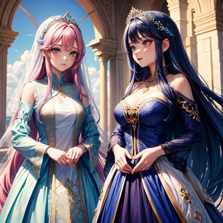 duas princesas.  CABELOS LONGOS e OLHOS AZUIS, com um vestido azul escuro.  Cabelo longo rosa com olhos azuis e vestido rosa.  Tudo em fitas brancas.