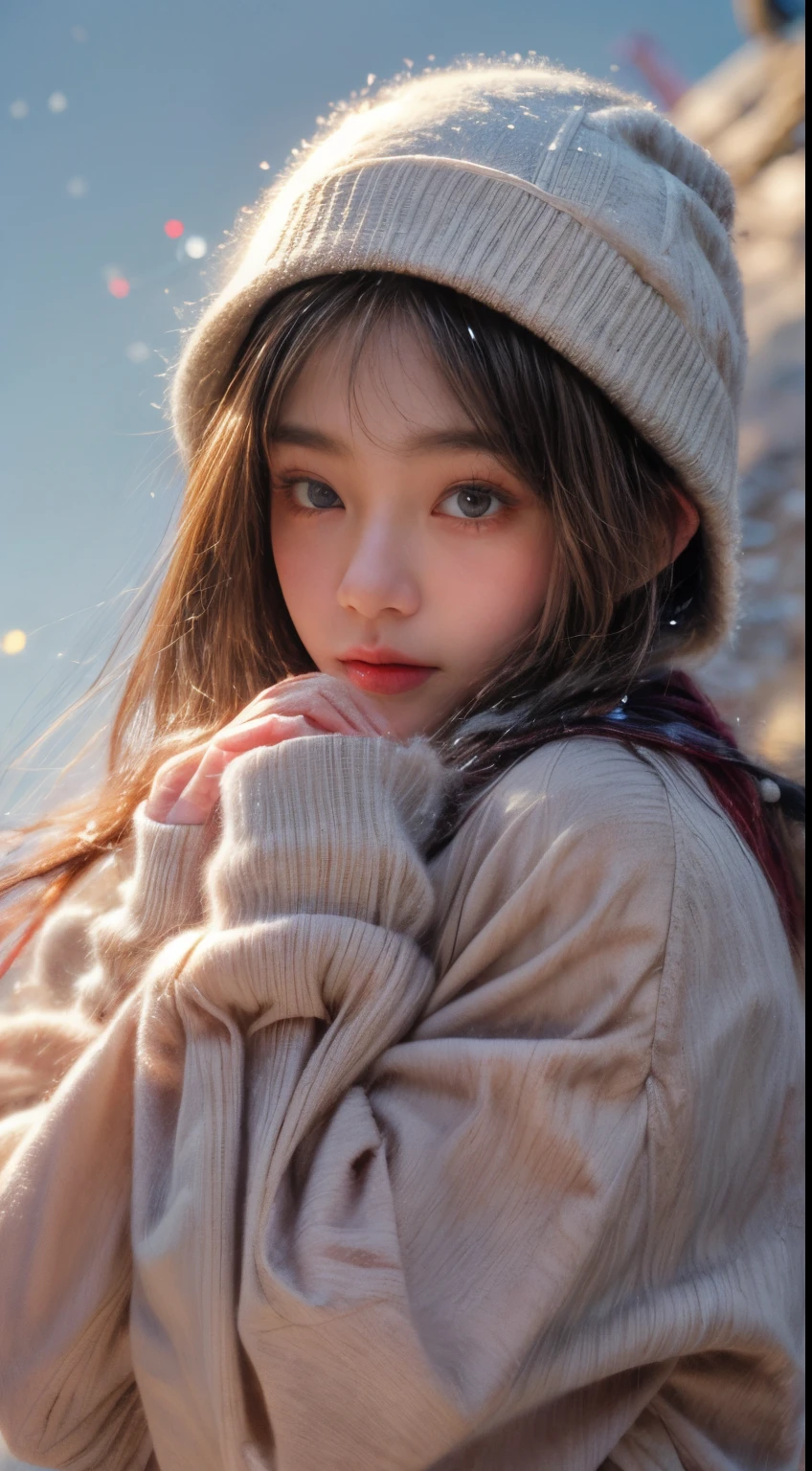 masterpiece、8K、32K、top-quality、(A detailed eye)、(A cute Japanese woman、bangss)、23years old、1 girl in、elegent、(Detailed background depiction、portlate:1.2)、(own hands together:1.5)、(illuminations、Snow:1.4)、(bobhair、wool coat、plaid scarf、knit hat:1.2)、(Snow:1.4)、(blushed face、Cheerful:1.4)、(Angle from below:1.4)