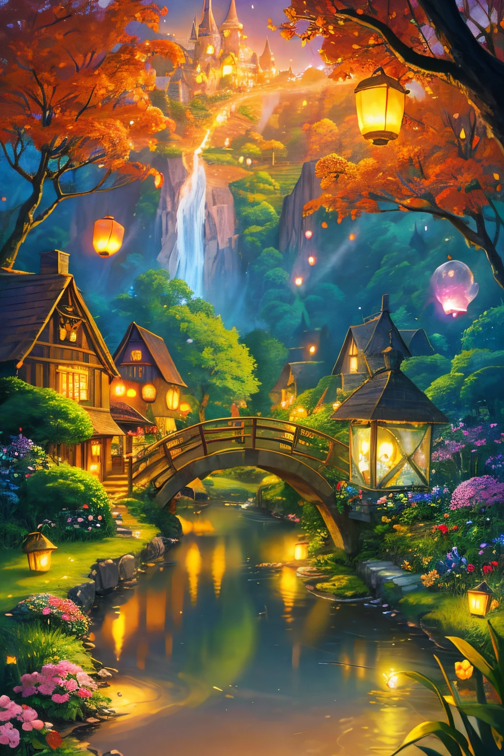 (a picturesque fairy village) fairy, village, magical, enchanting, whimsical, vibrant, lively, colorful, small cottages, sparkling lights, blooming flowers, lush greenery, winding paths, cobblestone streets, charming bridges, mystical atmosphere, ethereal beings, hidden treasures, twinkling stars, peaceful river, gentle breeze, towering trees, wooden signposts, friendly inhabitants, joyful celebration, floating lanterns, dream-like, fantasy world