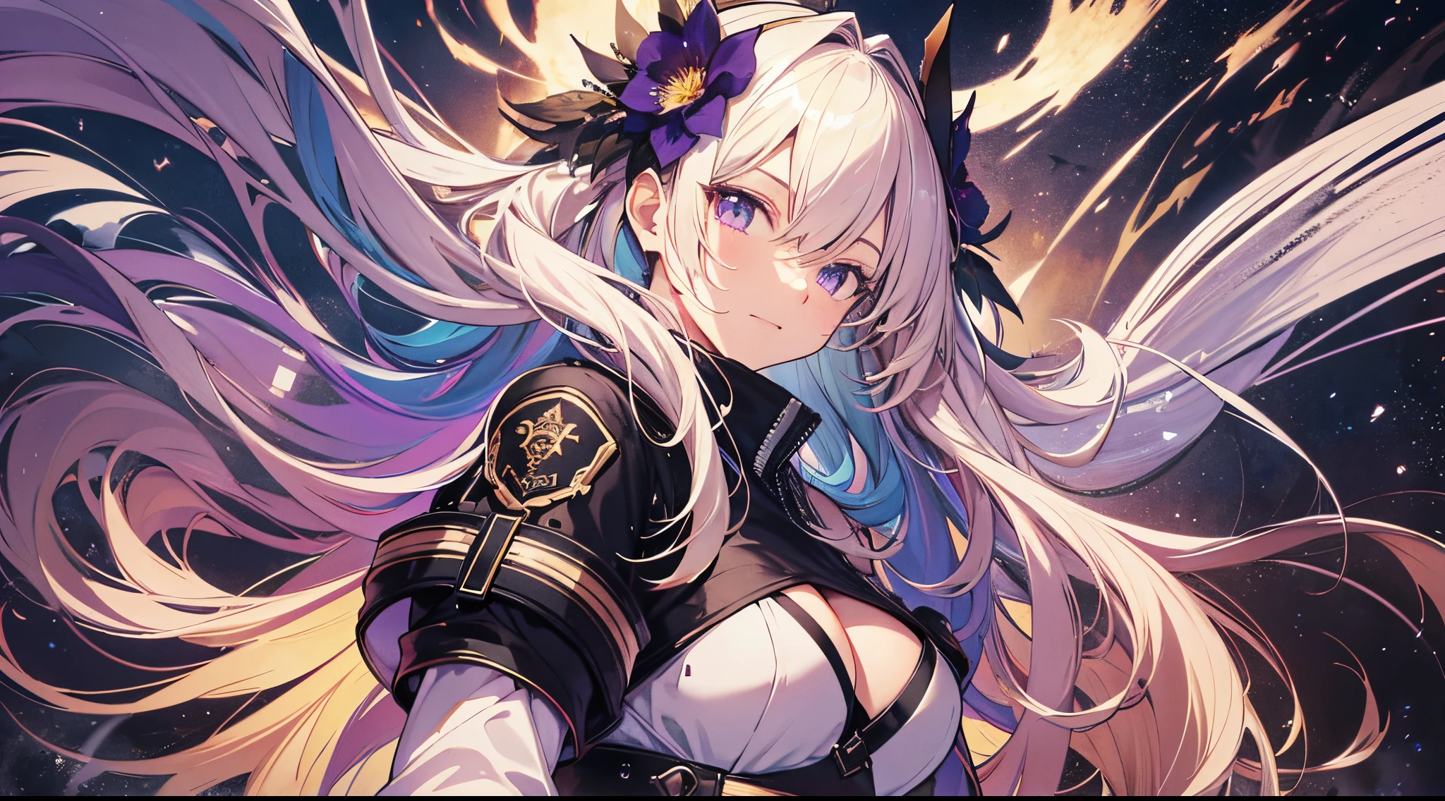((tmasterpiece:1.4, Best quality))+, (hyper-detailing)+, (Exquisite helmet:1.5)+, (Detailed ears:1.5), (Cute girl body armor:1.5), Tight white silk, no headwear, (Black flowers:1.2), pale-skinned, (black cloth:1.5), (Black boots:1.4), Market in the desert, paredes rojosas, Huge windmills, ocean flag, swarm, Cavallos, (cavalier:1.1), (dawn light:1.2), ), (closeup cleavage:1.1), the only person, Best quality, A high resolution, high detal, high high quality, a purple eye, raised eyebrow, light smile, Serious, Striped hair, Blonde hair, Colored inner hair, Very long hair, side ponytails, Wet hair, from below, 16k