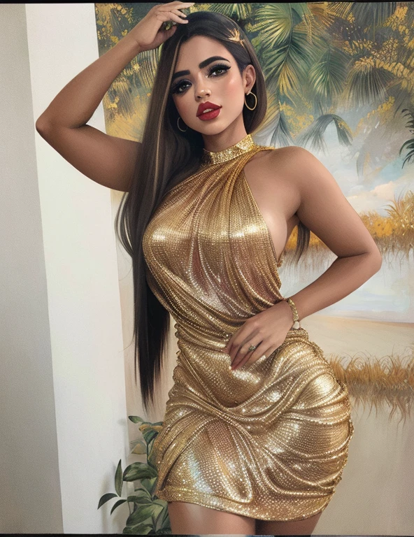 mulher araffe em um vestido dourado posando para uma foto, totalmente vestido. pintura de ????, extremely high quality artwork, muito realista, very realistic, fotorrealista!!!!!!! estilo de arte, Draped in shiny golden oil, muito muito realista, Ayahausca, Artgasm, arte realista, deusa dourada, imagem ultra realista