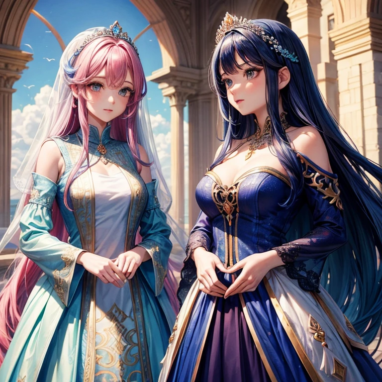 
2girls, one with fuchsia hair, fuchsia eyes, narrowed eyes, long hair, straight hair, soft smile, gold tiara, gold earrings, gold necklace, gold accessories, greek style dress, white dress, one with light blue hair, white dress, blue eyes, wavy hair, sad eyes, greek style dress, blue dress, gold tiara, gold earrings, gold necklace, gold accessories, the background is a field of flowers, multiple butterflies fly around
